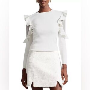 TED BAKER White Floraas Ruffle
Fitted Knit Top Sweater Sheer Shoulders